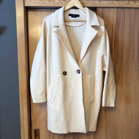 Zara Wool Jacket, Cream Coat, Lightweight Double Breasted coat, Ecru, Boucle - Picture 1 of 11